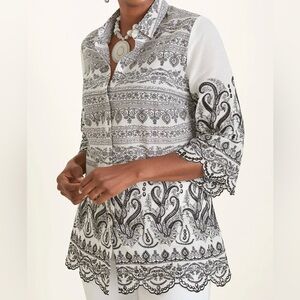 NWT Chico's Black & White Embroidered Paisley Tunic Top Size M